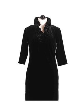 Gretchen Scott Silky Velvet Ruffle Neck 3/4 Sleeve Black Dress, Medium